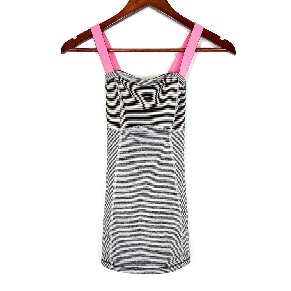 Lululemon Run Catch Me Tank Black Stripes with Adjustable Neon Pink Straps Sz. 2